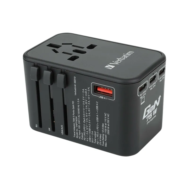 VERBATIM 5 Port 75W PD 3.0 & QC 3.0 GaN  通用旅行轉插(黑色)