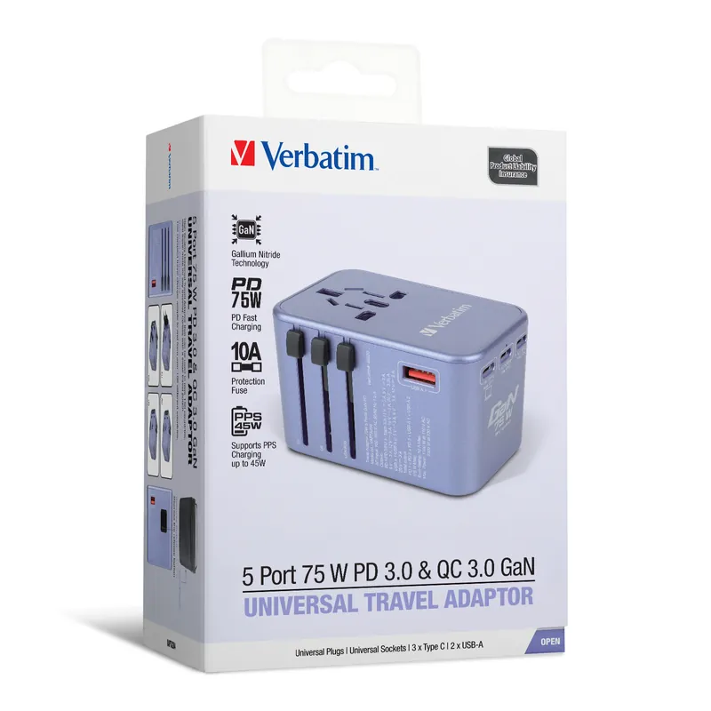VERBATIM 5 Port 75W PD 3.0 & QC 3.0 GaN  通用旅行轉插(紫色)