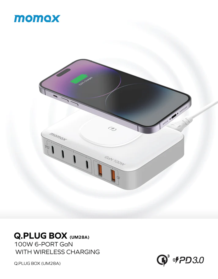 MOMAX ONEPLUG 100W 6-Port GaN with Wireless Charging